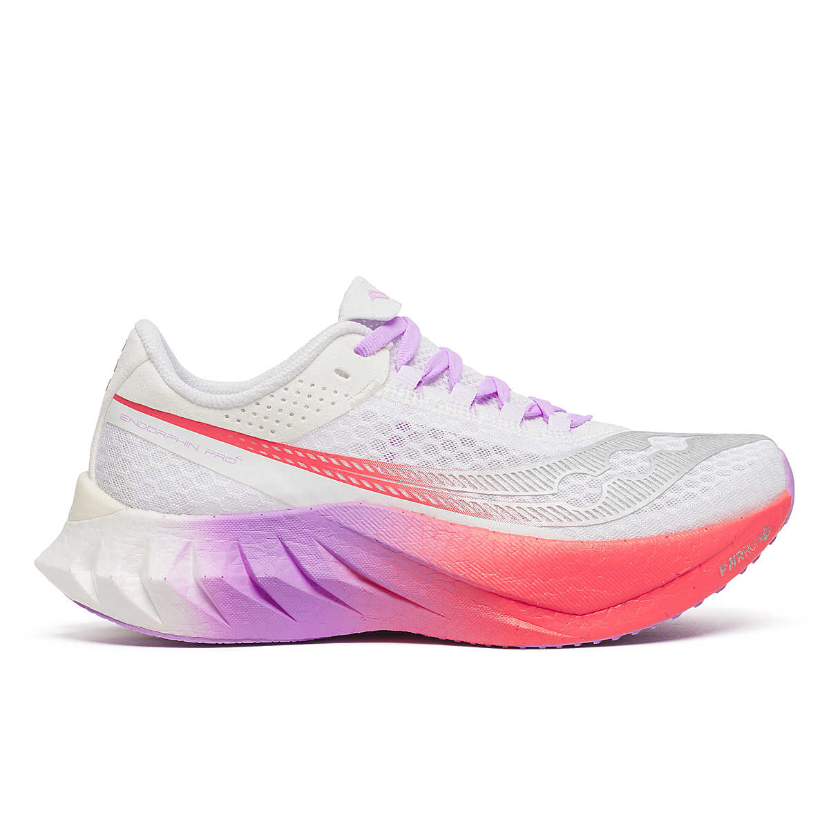 Women's Saucony Endorphin Pro 4 racing shoe in White/Crocus. Lateral view.