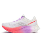 Women's Saucony Endorphin Pro 4 racing shoe in White/Crocus. Medial view.
