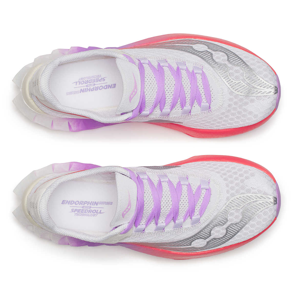 Women's Saucony Endorphin Pro 4 racing shoe in White/Crocus. Top view.