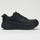 Women's Hoka Bondi SR. Black leather upper. Black midsole. Lateral view.