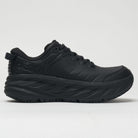 Women's Hoka Bondi SR. Black leather upper. Black midsole. Lateral view.