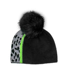 Mitchie's Matchings Knit Hat with Leopard & Bright Stripe with Crystals & Fox Fur Pom Women's