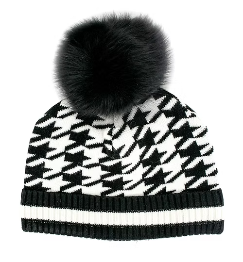 Mitchie's Matchings Houndstooth Knitted Hat with Fox Fur Pom Women's