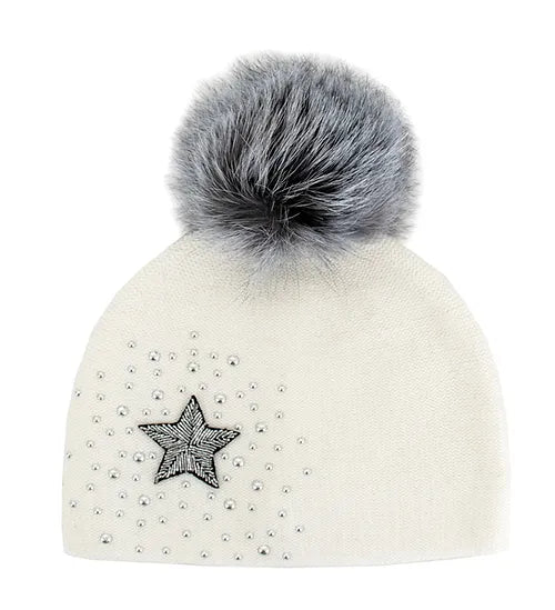 Mitchie's Matchings Knit Hat with Star, Beads & Fox Fur Pompom Women's