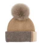 Mitchie's Matchings Knit Colorblock 3-Tone Beanie & Fox Fur Pompom Women's