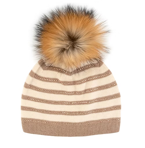 Mitchie's Matchings Striped Knitted Hat with Fox Fur Pom Women's