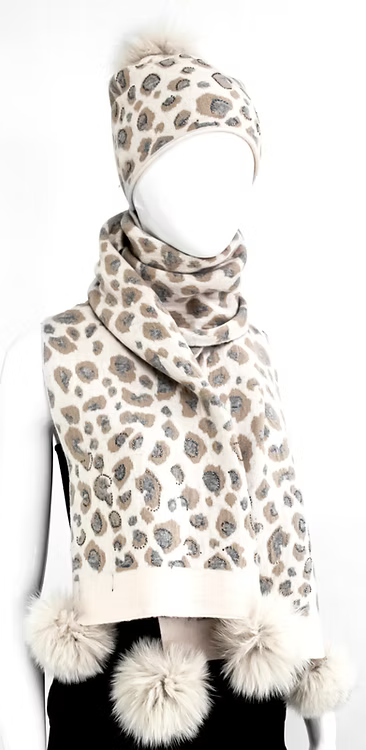 Mitchie's Matchings Animal Print Scarf with Fox Fur Poms Women's