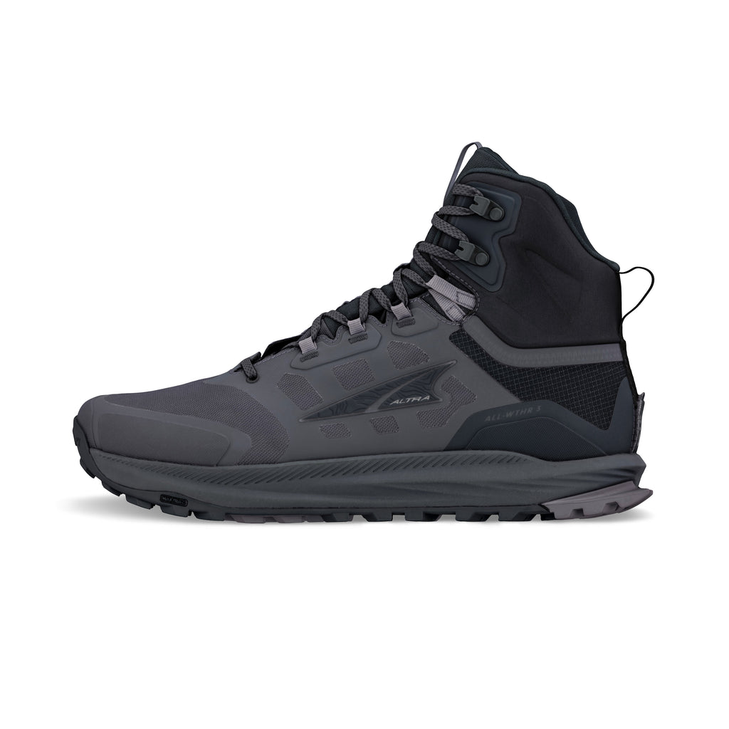 Men's Altra Lone Peak 9 Waterproof MID. Black/Gray upper. Gray midsole. Lateral view.