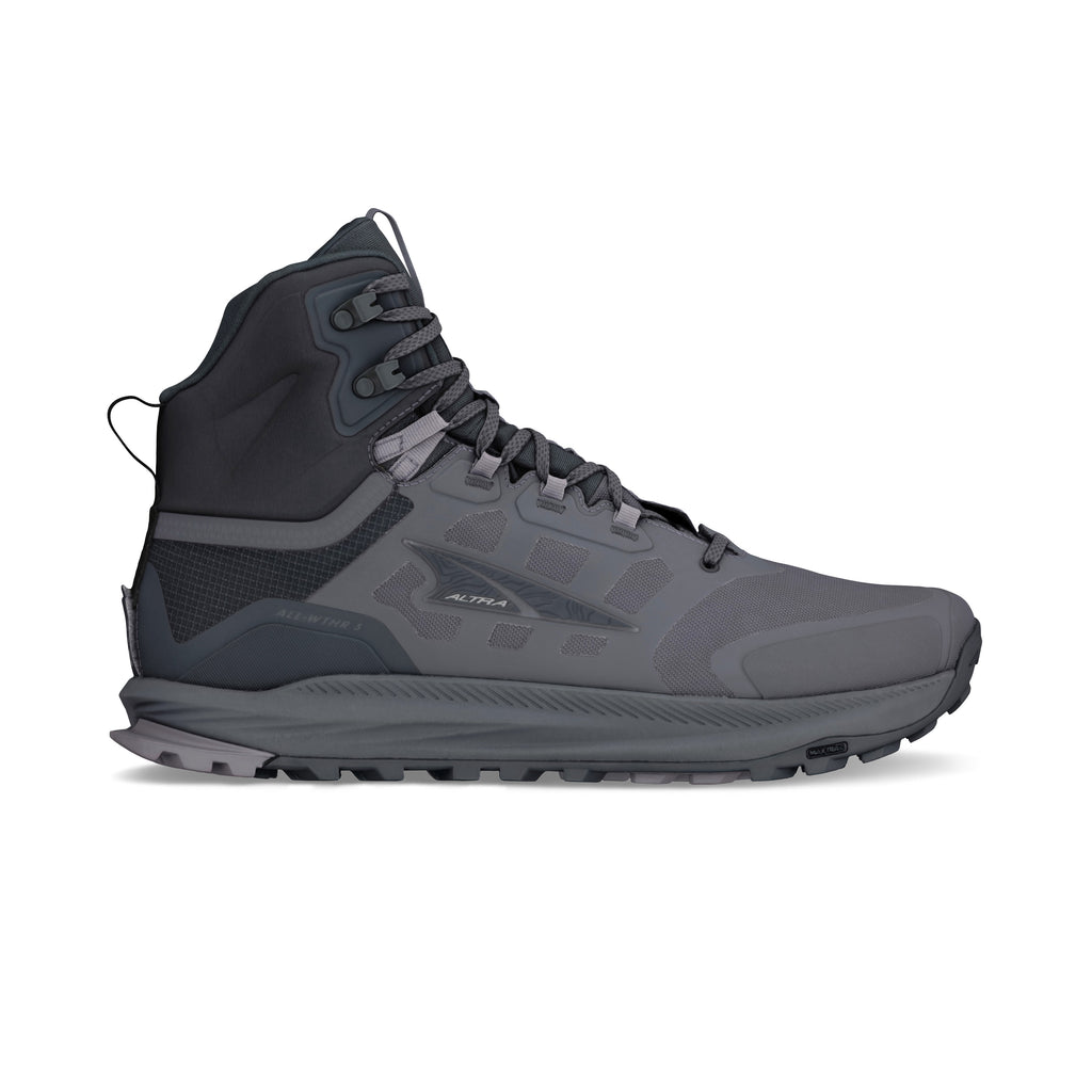 Men's Altra Lone Peak 9 Waterproof MID. Black/Gray upper. Gray midsole. Medial view.