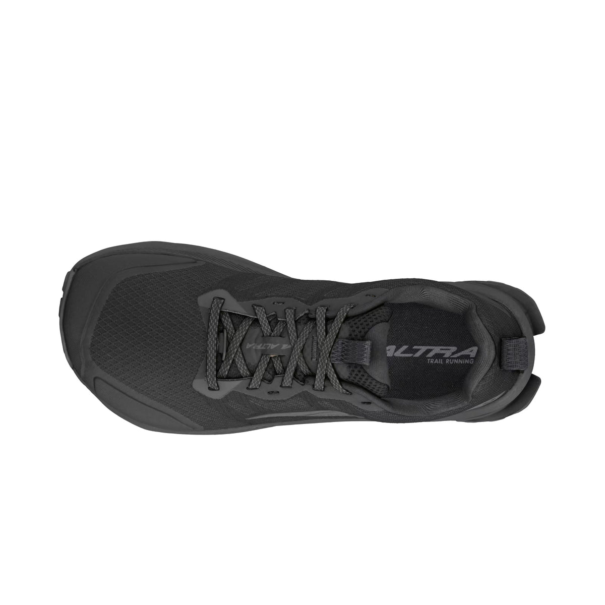 Women's Altra Lone Peak 9 in Black, top view.