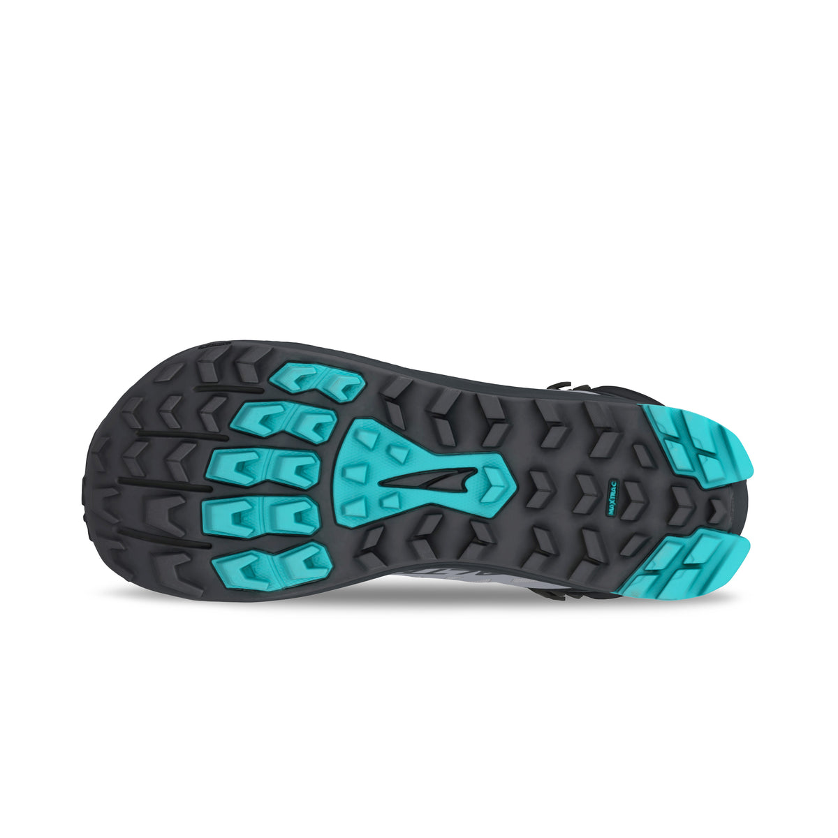 Women's Altra Lone Peak 9 Waterproof MID. Gray/Black upper. Black midsole. Bottom view.