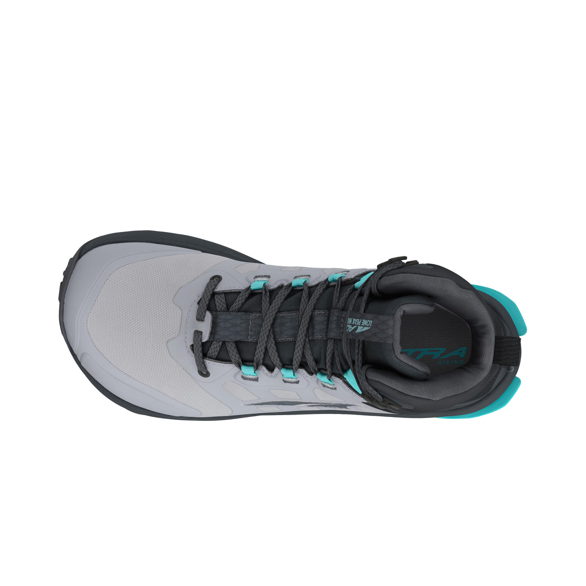 Women's Altra Lone Peak 9 Waterproof MID. Gray/Black upper. Black midsole. Top view.