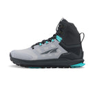 Women's Altra Lone Peak 9 Waterproof MID. Gray/Black upper. Black midsole. Lateral view.