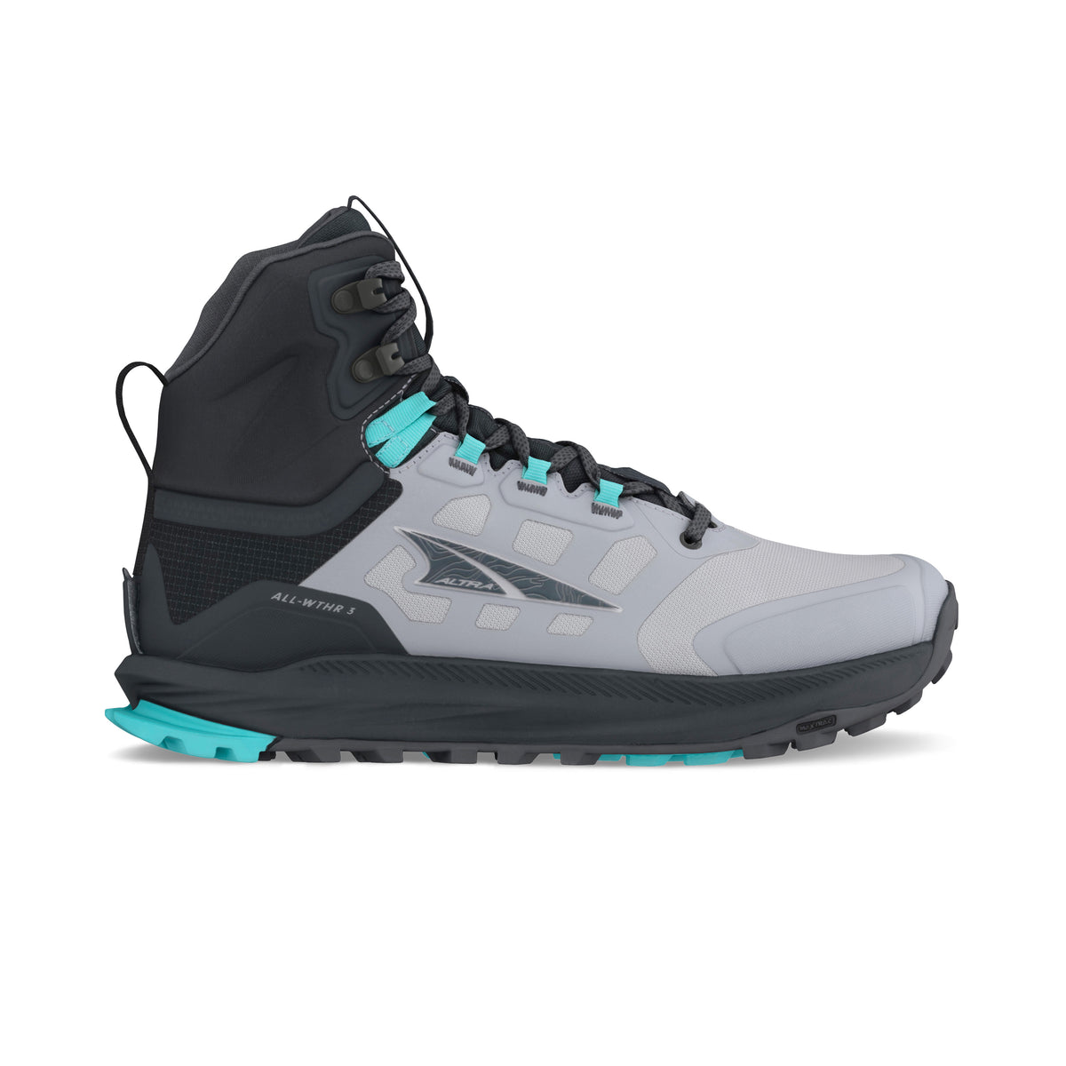 Women's Altra Lone Peak 9 Waterproof MID. Gray/Black upper. Black midsole. Medial view.