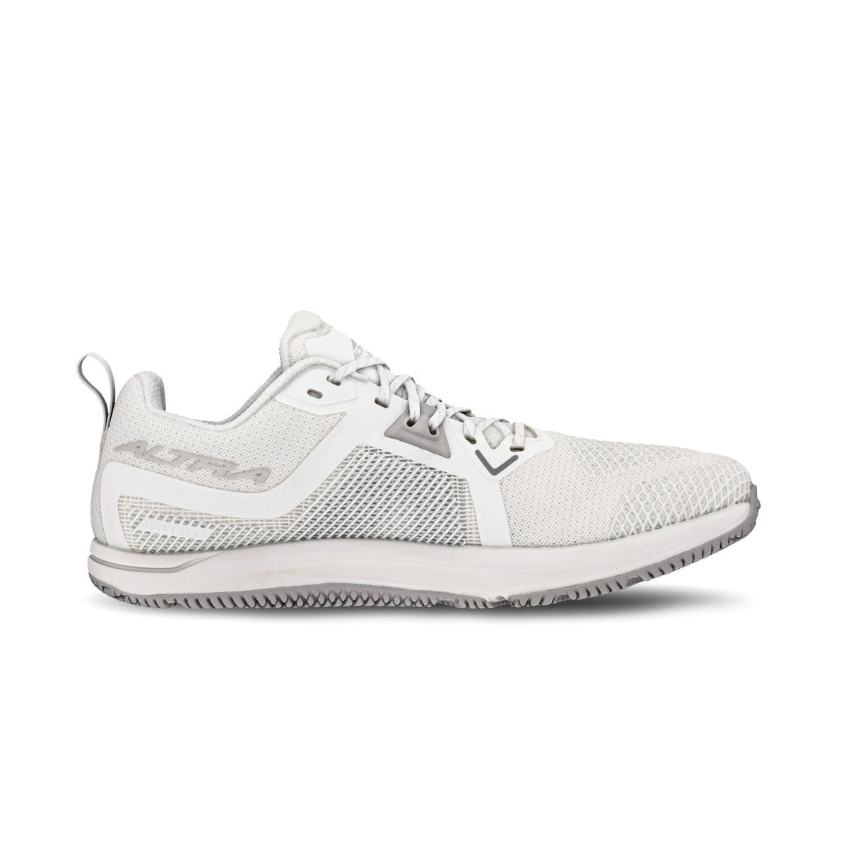 Women's Altra Solstice XT 3. White upper. White midsole. Medial view.