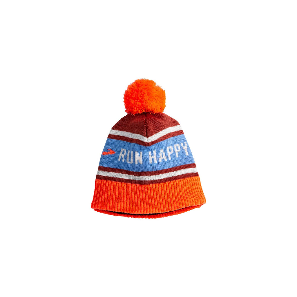 Unisex Brooks Pom Beanie. Orange/Blue. Front view.