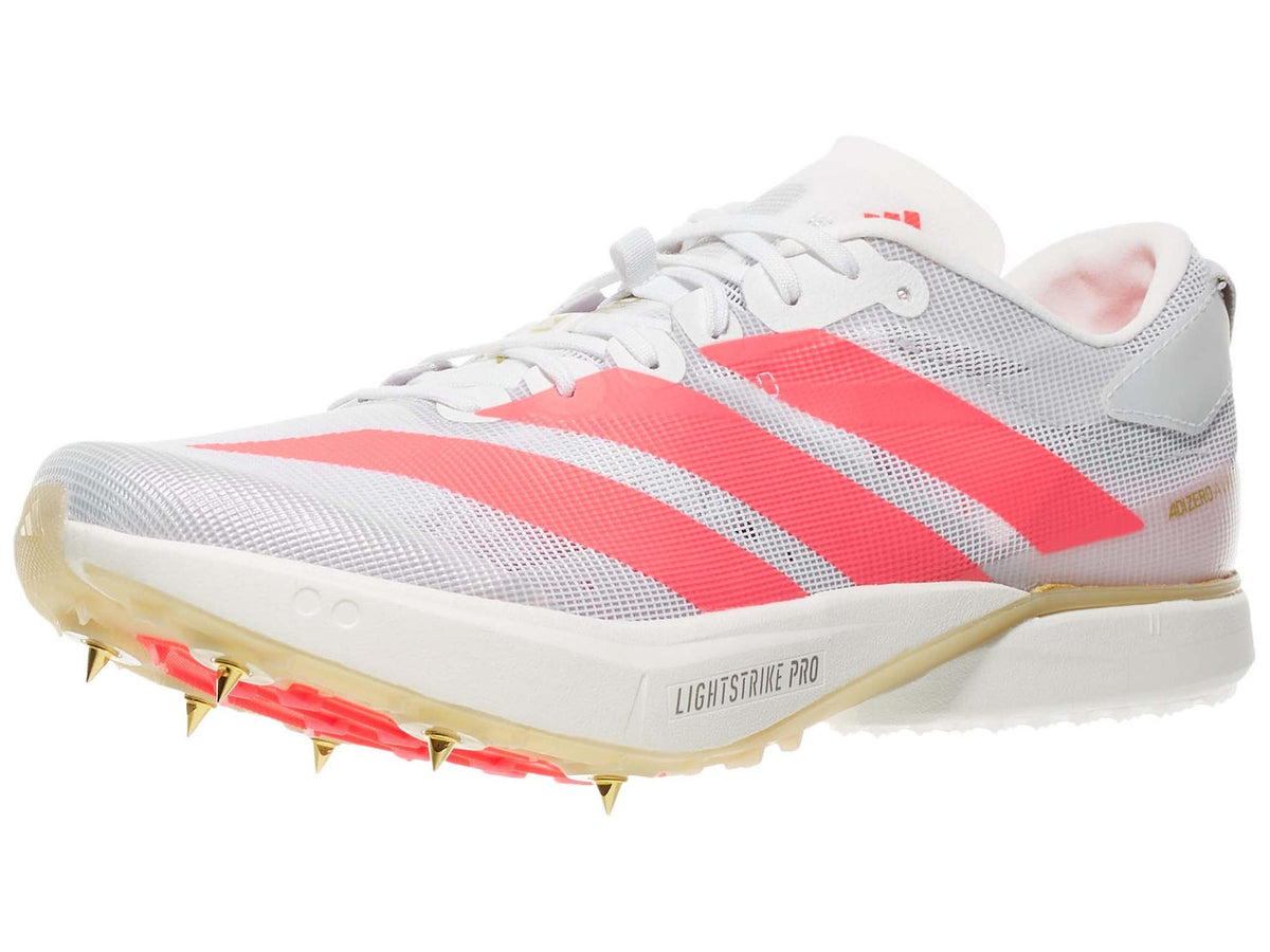 Adidas Adizero Avanti XC unisex shoes in Ftwr White/Solar Turbo/Gold Met — front three-quarter view.