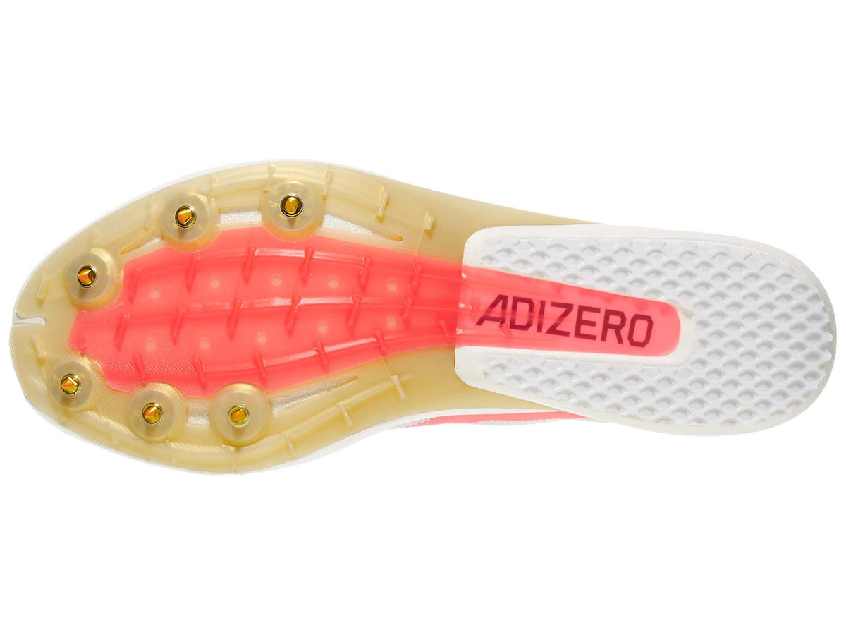 Adidas Adizero Avanti XC unisex shoes in Ftwr White/Solar Turbo/Gold Met — outsole and six spike-pin positions.