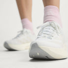 Adidas Adizero Evo SL Exo women's running shoe in Cloud White/Zero Metalic/Core White — forefoot and lacing detail
