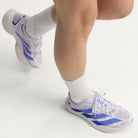Adidas Adizero Evo SL EXO women's running shoe in Silver Dawn/Solar Purple/Frozen Purple — on-foot side view