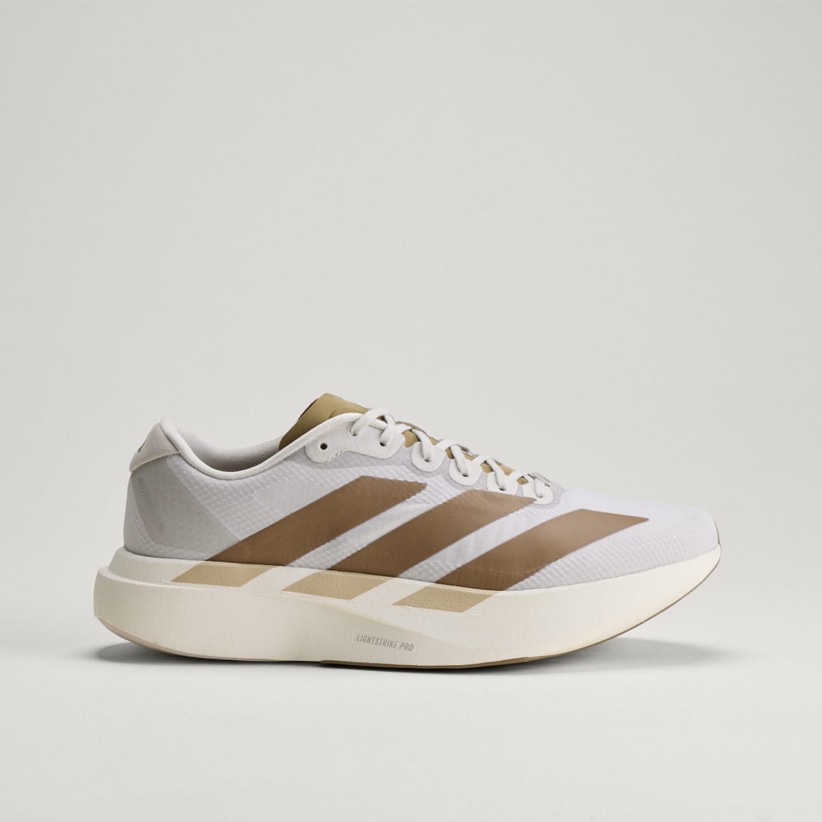 Adidas Adizero Evo SL Woven men's running shoe in Grey One/Grey One/Khaki Six — side profile