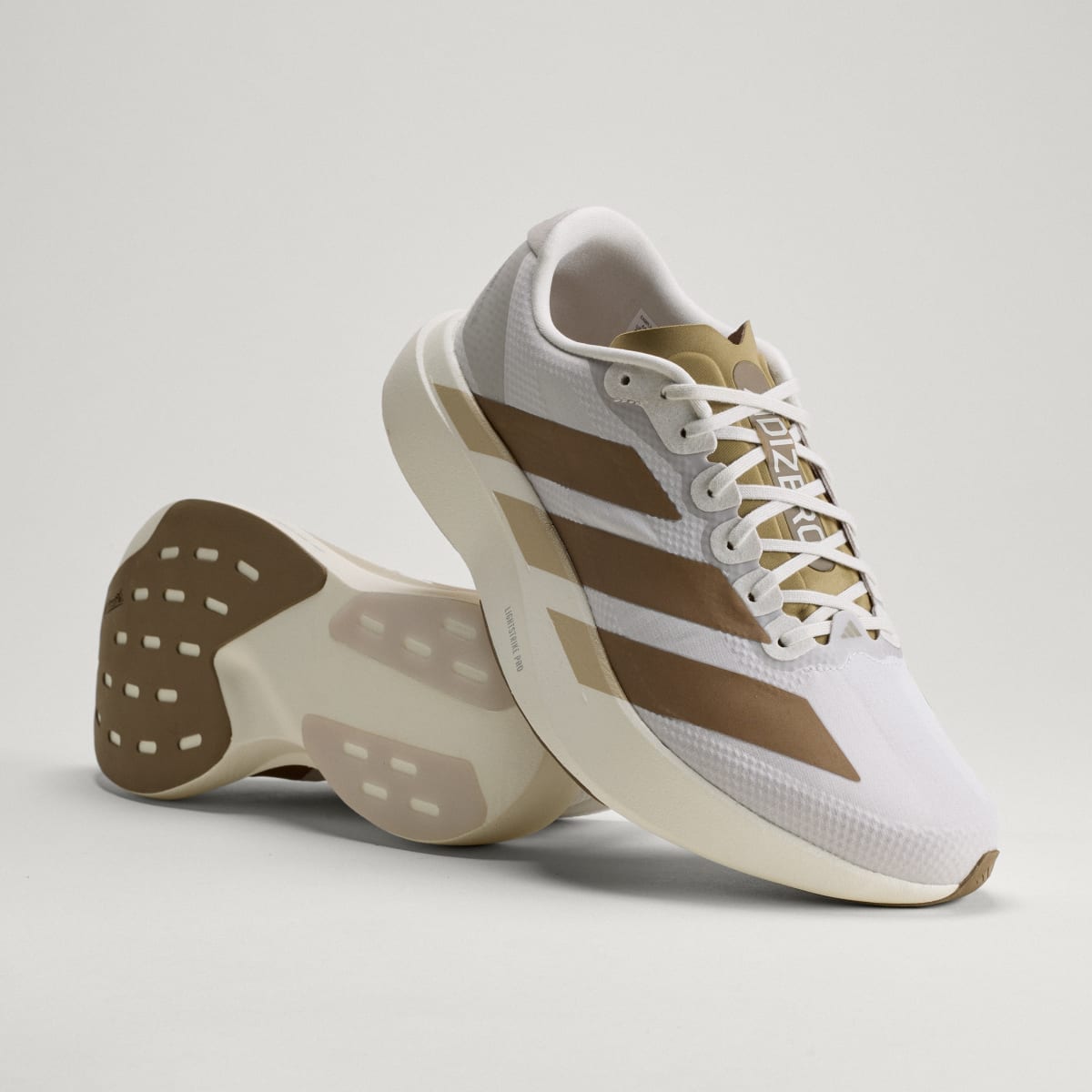 Adidas Adizero Evo SL Woven men's running shoe in Grey One/Grey One/Khaki Six — angled pair with outsole visible