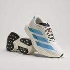 Adidas Adizero Evo SL Woven women's running shoe in Off White/Light Blue/Off White — angled pair with outsole visible