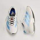 Adidas Adizero Evo SL Woven women's running shoe in Off White/Light Blue/Off White — top and opposite side views