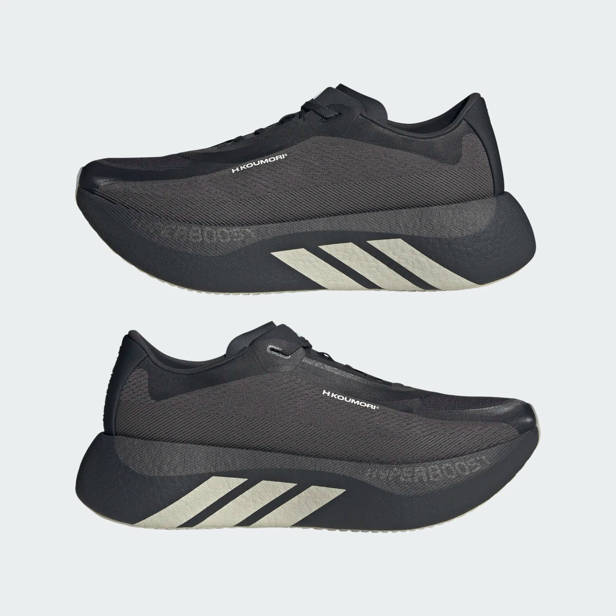 Adidas Hyperboost Edge men's shoes in Charcoal/Night Grey/Alumina — side profiles of the pair.