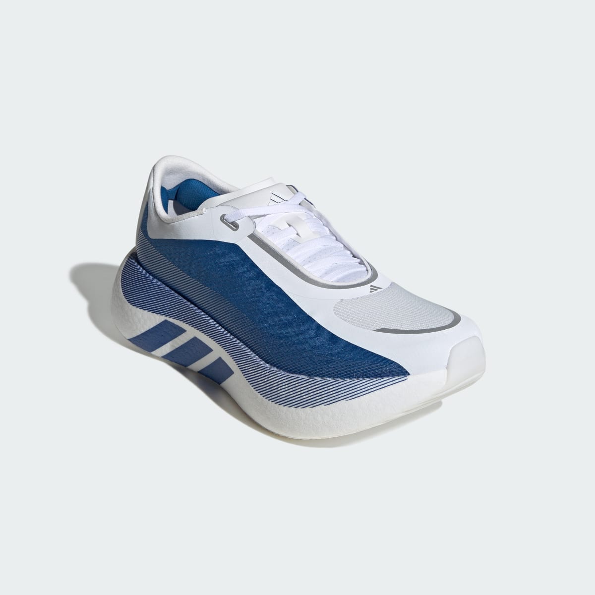 Adidas Hyperboost Edge men's running shoe in Cloud White/Equipment Blue/Zero Metallic — front three-quarter view.