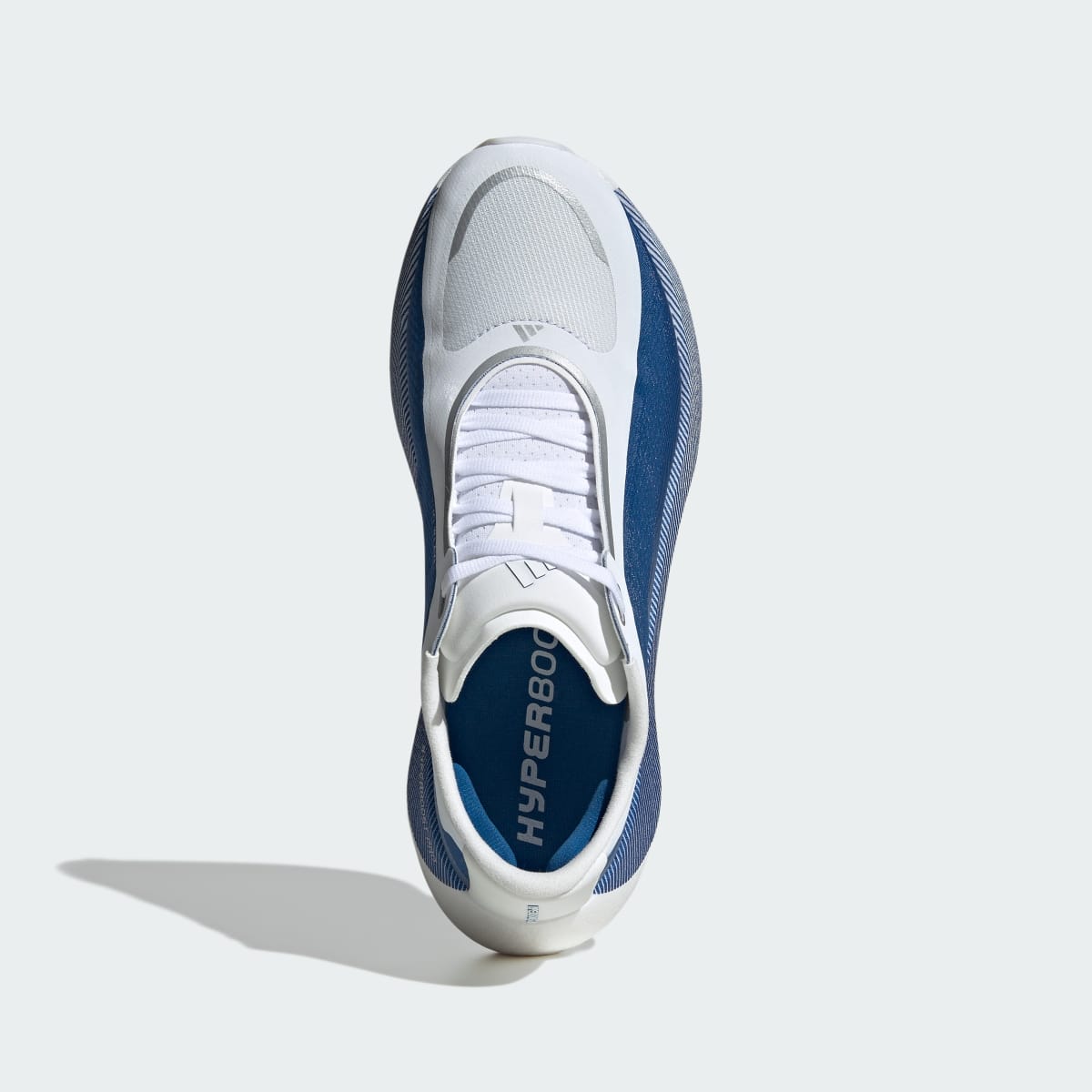 Adidas Hyperboost Edge men's running shoe in Cloud White/Equipment Blue/Zero Metallic — top view.
