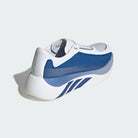 Adidas Hyperboost Edge men's running shoe in Cloud White/Equipment Blue/Zero Metallic — rear three-quarter view.