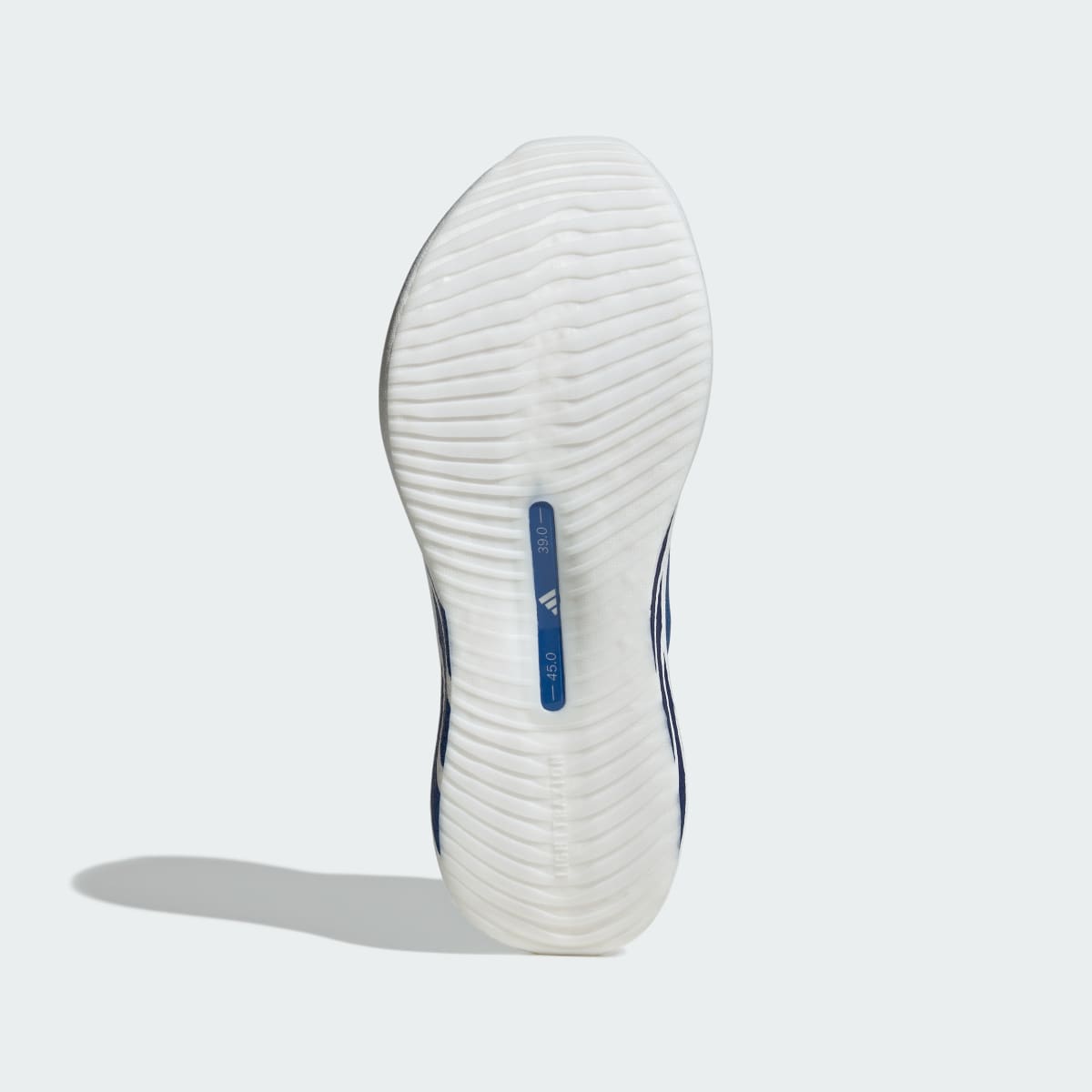 Adidas Hyperboost Edge men's running shoe in Cloud White/Equipment Blue/Zero Metallic — outsole view.