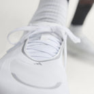 Adidas Hyperboost Edge men's running shoe in Cloud White/Silver Metallic/Zero Metallic — upper and lacing close-up.