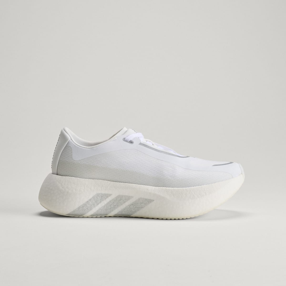 Adidas Hyperboost Edge women's running shoe in Cloud White/Silver Metallic/Zero Metalic — side profile