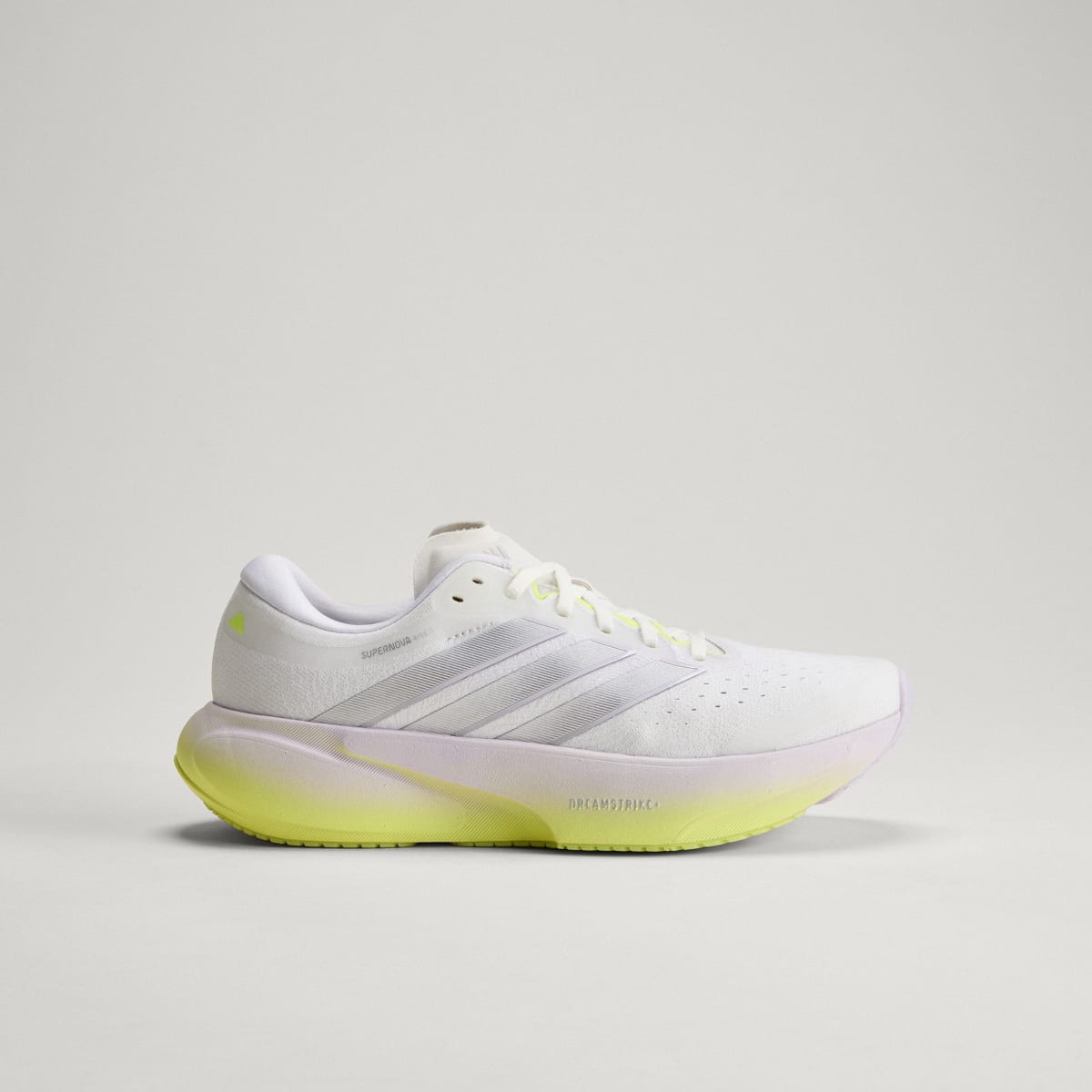 Adidas Supernova Rise 3 women's running shoe in Crystal White/Silver Metallic/Purple Tint — side profile