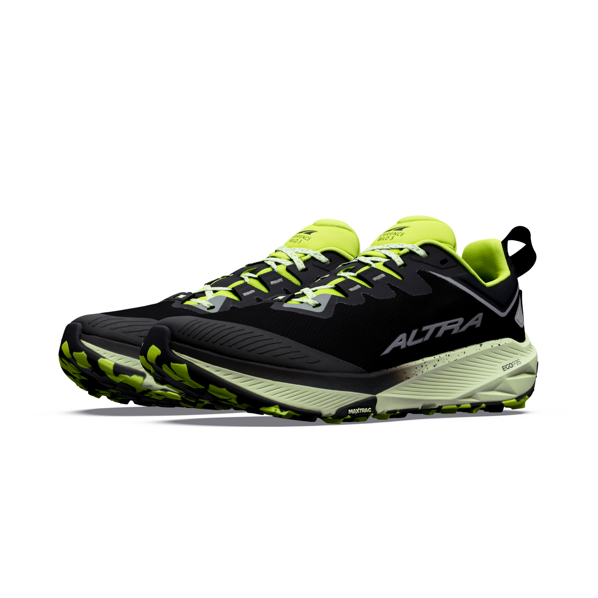 Altra Experience Wild 3 men's shoes in Black/Night Owl/Acid Lime — front three-quarter view of the pair.