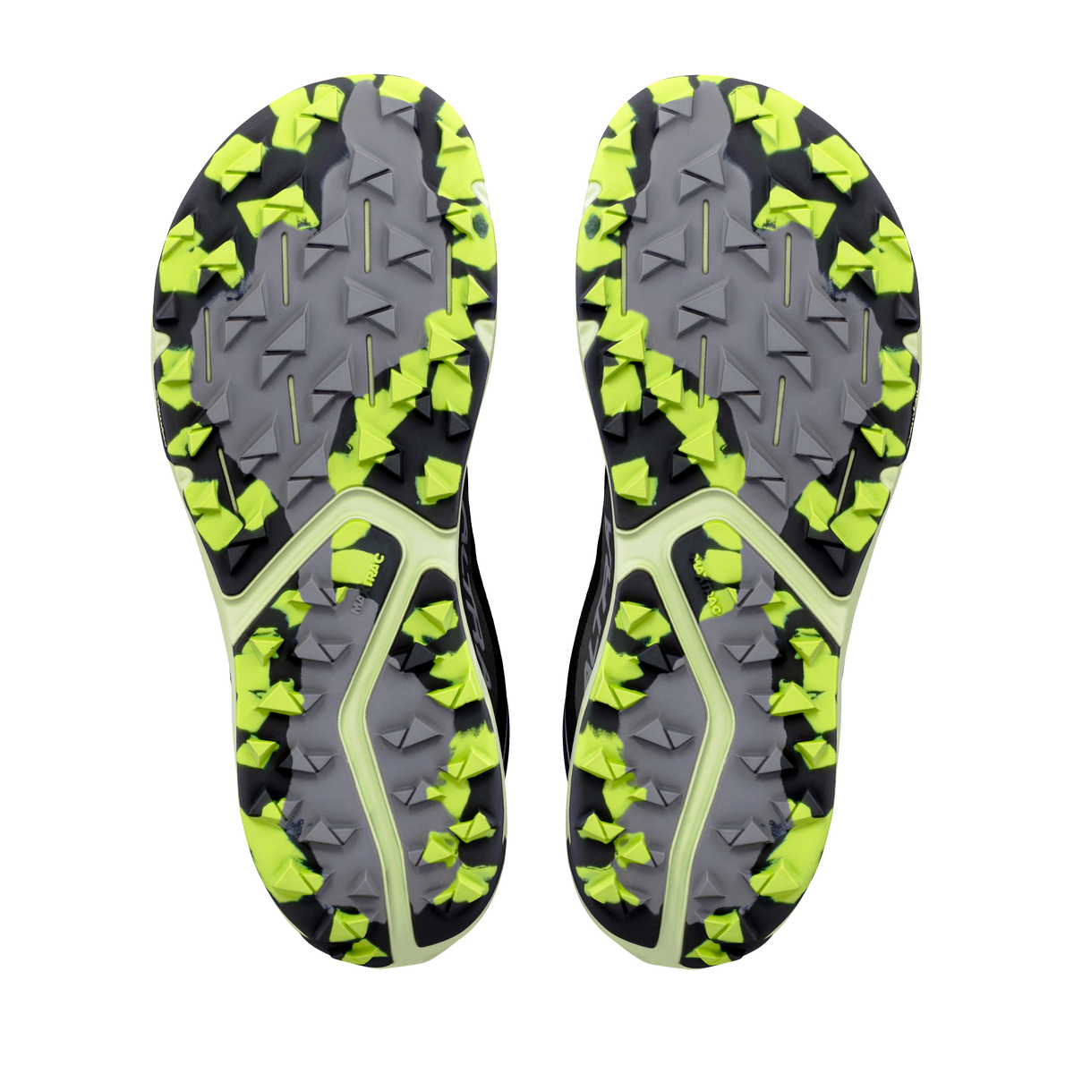 Altra Experience Wild 3 men's shoes in Black/Night Owl/Acid Lime — outsoles of the pair.