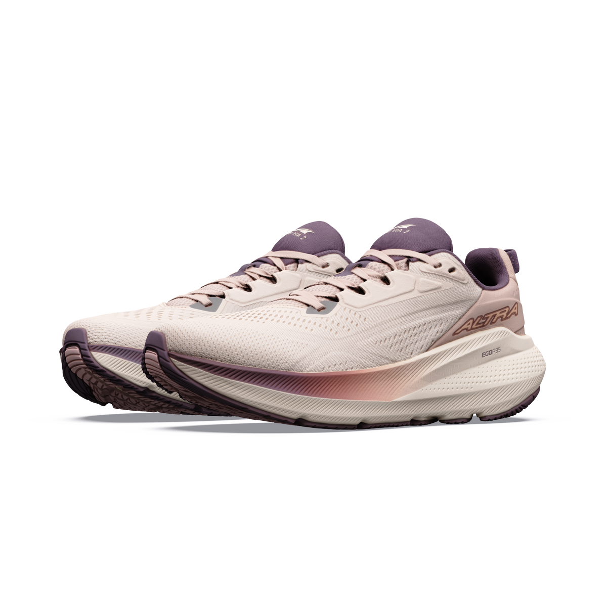 Altra FWD VIA 2 women's shoes in Whisper Pink/Rose Gold — front three-quarter view of the pair.