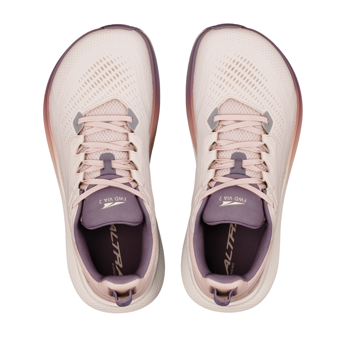 Altra FWD VIA 2 women's shoes in Whisper Pink/Rose Gold — top view of the pair.