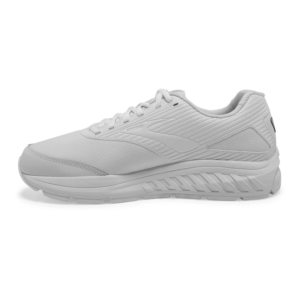 Men's Brooks Addiction Walker 2. White upper. White midsole. Medial view.