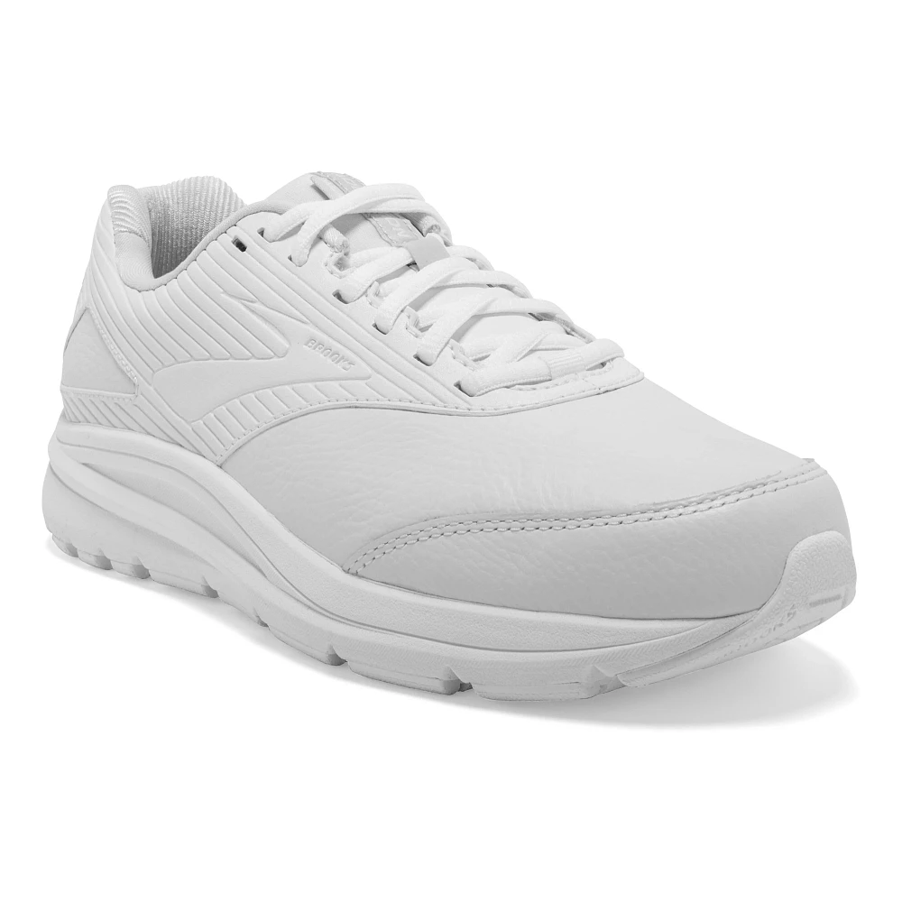 Women's Brooks Addiction Walker 2. White upper. White midsole. Lateral view.