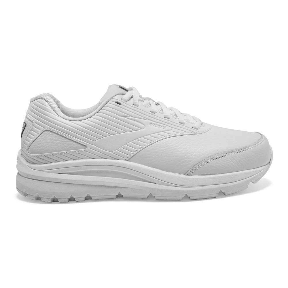 Women's Brooks Addiction Walker 2. White upper. White midsole. Lateral view.