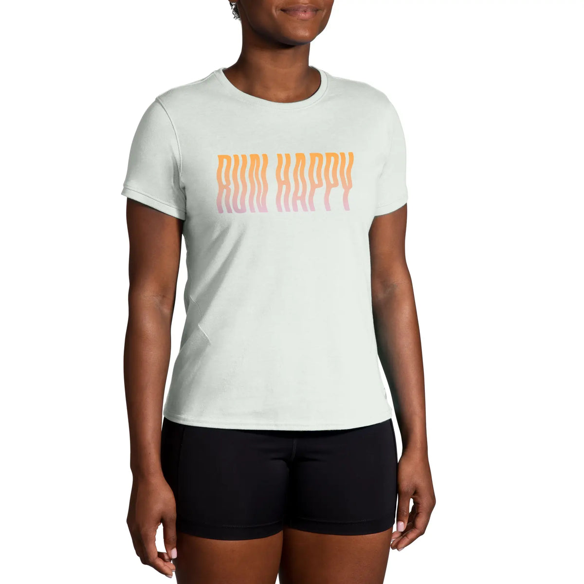 Brooks Distance Short Sleeve 2.0 for women in Heather Cool Mint/Run Happy, worn front view