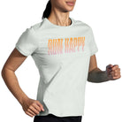 Brooks Distance Short Sleeve 2.0 for women in Heather Cool Mint/Run Happy, running view