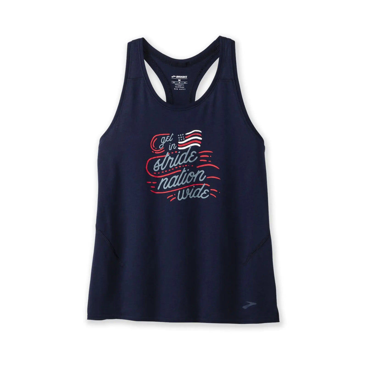 Brooks Distance Tank 2.0 women's running tank in Run Happy Navy Run USA, front view