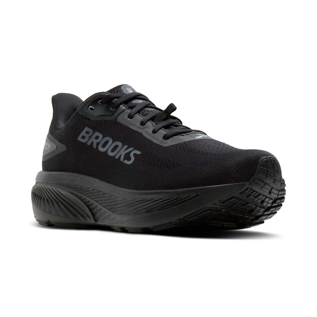 Brooks Ghost 18 GTX men's Black/Black/Ebony angled lateral view