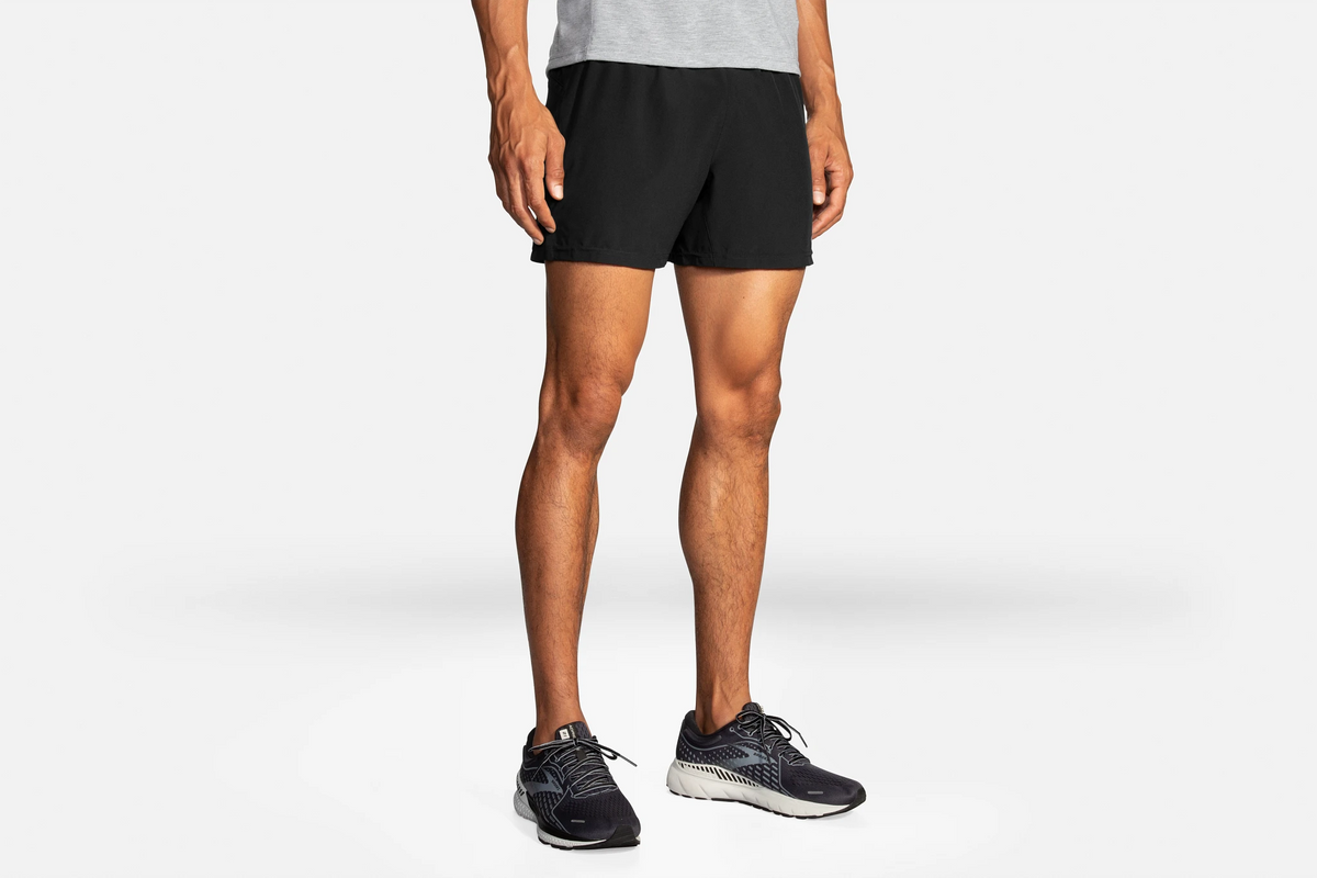 Men's Brooks Sherpa 5" Shorts. Black. Front view.