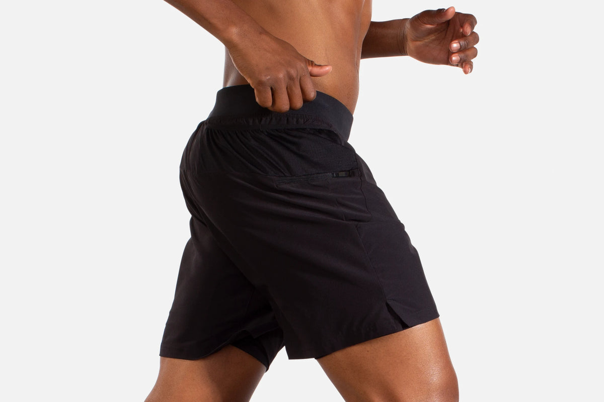 Men's Brooks Sherpa 7" 2-in-1 Shorts. Black. Lateral view.