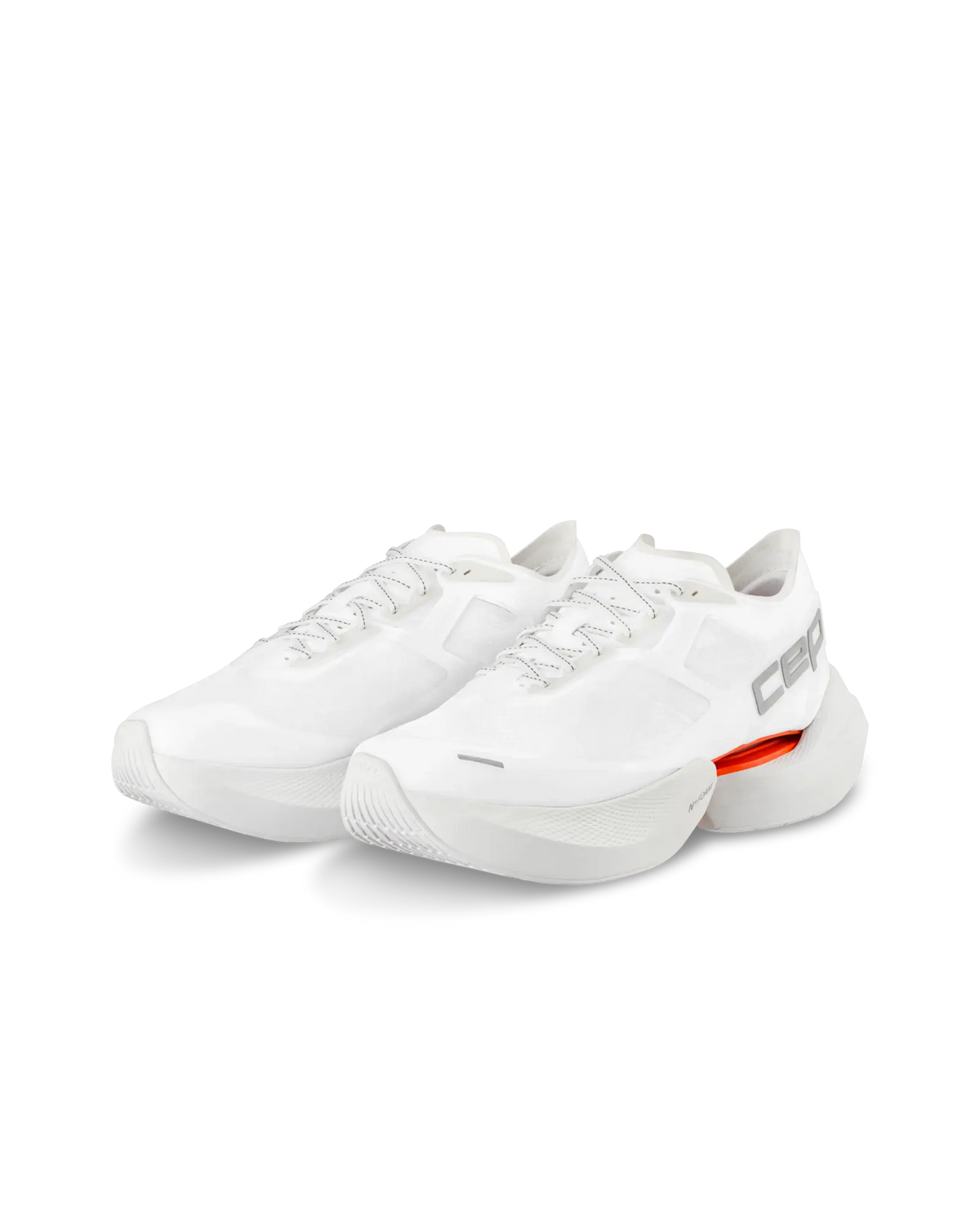 Pair of men's CEP Pro Run Optaspeed shoes in White, three-quarter view.